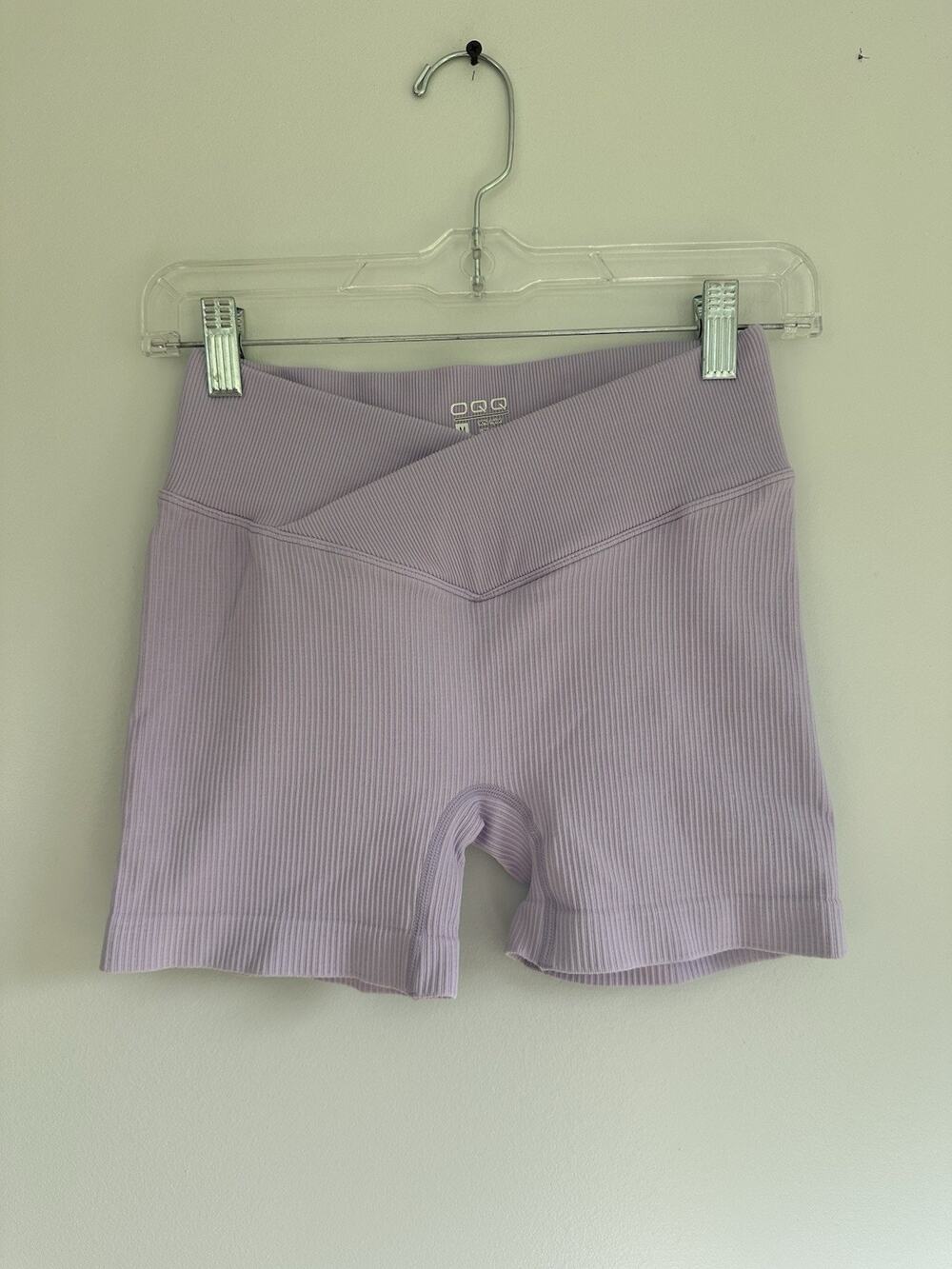 OQQ Light Purple Ribbed Activewear Shorts Cross Front Low Rise 4” Inseam